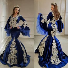 2020 musulmane arabe Royal Blue Robes de bal avec Champange Appliqued Sexy Taille Plus longue sirène Robes de soirée Party Dress formelle
