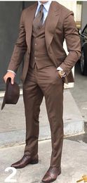 Classic Style One Button Brown Wedding Groom Tuxedos Peak Lapel Groomsmen Men Suits Prom Blazer (Jacket+Pants+Vest+Tie) NO:1934