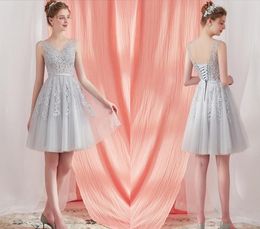 Cheap Short Cocktail Dresses Silver Gray Blue Homecoming Dresses A Line V Neck Tulle Appliques Beaded Prom Gowns With Lace-up Back HY1332