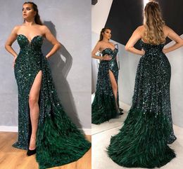 Dark Green Sequined Feathers Celebrity Evening Dresses 2021 Arabic Sweetheart Backless Side Slit Pageant Prom Gowns Occasion Dress AL4041