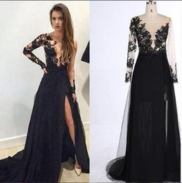 2020 New Young Girl Black Long Sleeve Elegant Evening Dresses Lace Applique Front Split Sexy Party Prom Dresses Crystal vestidos de fiesta