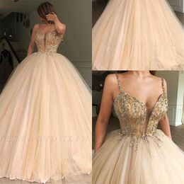 Spaghetti Straps Tulle Ball Gowns Quinceanera Dresses 2019 Ruched Beaded Stones Floor Length Prom Birthday Princess Evening Dresses BC1898