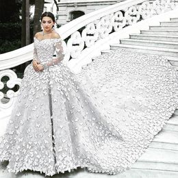 bridal dresses butterflies UK - Ball Gown Wedding Dresses Long Sleeve 2019 Luxury Butterfly Lace Appliques Chapel Train Puffy Bridal Dresses Gowns