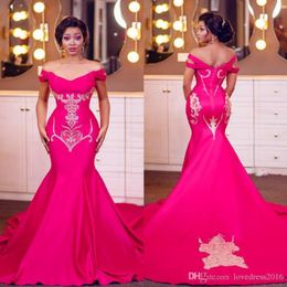 Fushcia Mermaid Evening Dresses Off The Shoulder Satin African 2019 Plus Size Prom Dress Sweep Train Appliques Beads Formal Party Gowns