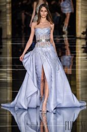 Zuhair Murad Prom Dresses Strapless Beaded Appliqued Sexy High Side Split Satin Blue Formal Party Gowns Custom Made Evening Gowns