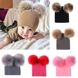 Hot Winter Baby Knitted Hat With Two Fur Pompoms Boy Girls Fur Ball Beanie Kids Caps Double Pom Hat for Children