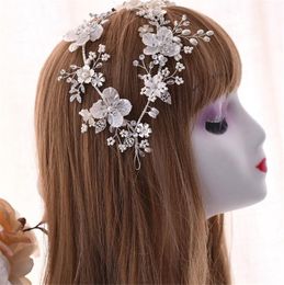 Handmade Floral Flower Headband Wedding Crown Tiara Bridal Crystal Rhinestone Hairband Double Headband Hair Accessories Jewelry Headpiece