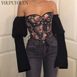 Sexy Corset Shirt Crop Top Fashion Blouses Ladies Long Sleeve Tube Floral Tops Off Shoulder Blouse 2020 Summer New Womens Shirts