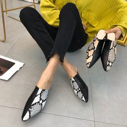 Hot Sale-Sexy Women Snake Skin Pattern Pointed Toe Shoes Platform Sandals Slipper flat-bottomed pointed Colour matching half slippers