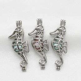 10pcs Silver Plated Open Sea Horse Pearl Cage Pendant Diffuser Lockets for Aroma Perfume Essential Oil Necklace Gift Jewelry