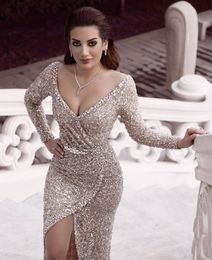 Sexy Sparkly Mermaid Evening Dresses Long Sleeve V Neck Side Split Sequined Beads Prom Gowns Plus Size Saudi Arabic Formal Party Dress