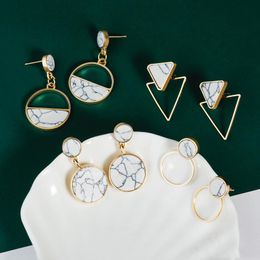 Wholesale- Round Dangle Drop Korean Marble Earrings For Women Vintage Simple Triangle Round Gold Earrings Wedding Jewelry