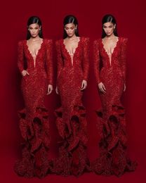 Gorgeous Red Evening Dresses Deep V Neck Lace Appliqued Beads Floor Length Tiered Skirts Prom Dress Long Sleeve Formal Occasion Gowns