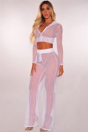 Hot Europe Fashion Women's Sexy Mesh Clothes Set Lady Hooded Long Sleeve Crop Top + Pants Lace Transparent Clothing Suit C4603