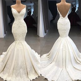 Elegant Lace Mermaid Wedding Dresses Spaghetti Backless Beach Bridal Dress Satin Sweep Train Cheap Wedding Gowns Custom Made