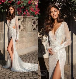 Elihav Sasson Mermaid Wedding Dresses Thigh High Split V Neck Lace Beads Long Sleeve Beach Wedding Dress Sexy Boho Bridal Gowns Plus Size 44