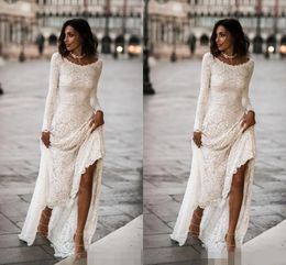 Newest Full Lace A Line Wedding Dresses Scoop Neck Long Sleeves Sweep Train Sexy Backless Country Wedding Bridal Gown vestido de novia