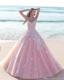 Pink Sexy Amazing Ball Gown Quinceanera Scoop Sleeveless Floral Flower Lace Applique Tulle Bodice Long Formal Party Prom Dresses