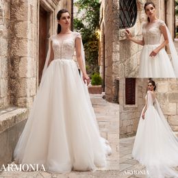 Modest Tmarmonia A Line Wedding Dresses Jewel Neck Sleeveless Tulle Lace Sequins Pears Wedding Gowns Sweep Train robe de mariée