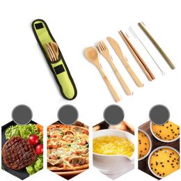 7pcs eco-friendly bamboo flatware Travel Cutlery Set portable bamboo straw dinnerware set with cloth bag knives fork spoon