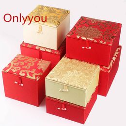 -Lujo suave cuadrado amarillo rojo joyería caja de regalo tela de seda caja de madera chino envases de madera Piedra de piedras preciosas Cajas decorativas multisize