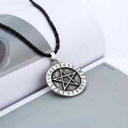 -Pingente requintado colares grandes rune gargantilha nórdica viking pentagram pingente jóias colar pentagram wiccan pagan norse