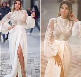 2019 Elegant White Prom Dresses Fashion Sexy High Neck Long Sleeve Lace Appliques Plus Size Party Gowns Pageant Dresses Custom Made
