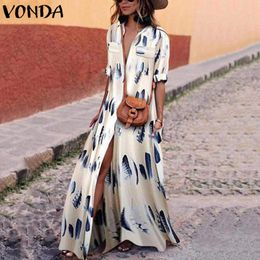 Women Bohemian Vintage Print Dress 2018 VONDA Autumn Sexy Split Maxi Long Party Dresses V Neck Long Sleeve Vestidos Plus Size