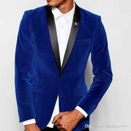 New Arrivals Two Buttons blue Velvet Groom Tuxedos Shawl Lapel Groomsmen Best Man Blazer Mens Wedding Suits (Jacket+Pants+Tie) D:76