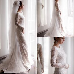 2020 Modest Jewel Long Sleeve Hollow Mermaid Wedding Dresses Lace Applique Beads Wedding Gowns Sweep Train robe de mariée