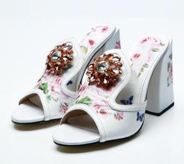 Flower Print Lady Chunky Heel Sandals Rhinestone Peep Toe shoes Beautiful Retro Style Sandals Female