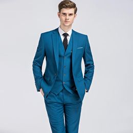 New Style Blue Man Work Suit Groom Tuxedos Notch Lapel Mens Business Suits Wedding Clothes (Jacket+Pants+Vest+Tie) D:266