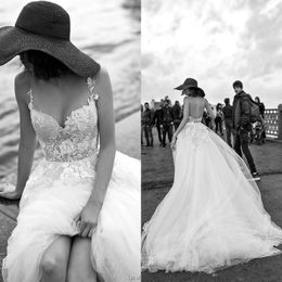 2019 Spaghetti Straps Lace A Line Wedding Dresses Tulle Applique Backless Sweep Train Summer Beach Wedding Bridal Gowns BC1832