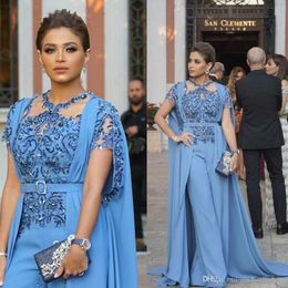 Blue Evening Dresses With Long Train Lace Appliqued Beads Fashion Women Jumpsuit Short Sleeves Sweep Train Prom Dress Formal Party Gowns