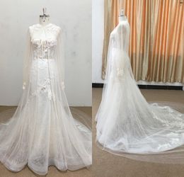 Bohemian Mermaid Luxury Wedding Dresses Wrap Tulle Lace Applique Crystal Formal Dress Strapless Lace Up Sweep Train Bridal Gowns