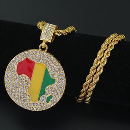 2 Sizes Gold Jamaican Africa Continent African Round Pendant Rope Chain Necklace Hip Hop Jewelry N702