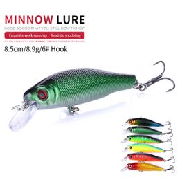 Newup 6pcs Minnow Fishing Lures 8.5cm 8.9g Artificial Hard Bait Mini Fish Wobblers colourfull