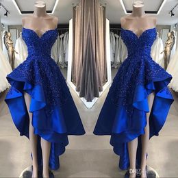 -Royal Blue High Low Prom Cocktailkleider Echtes Bild Eine Linie Perlen Appliques Schatz Asymmetrische lange Gastgeber Kleider