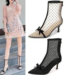 Girls Dolka Dot Black Nude Transparent Mesh Lace 7 cm Stiletto Heels Pointed Toe Bow Ties Short Boots Fashion Low Heels Boots Lady