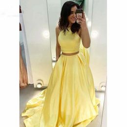 Yellow Evening Dresses Long Halter Satin 2 Pieces Gown Sleeveless A-Line Formal Evening Party Dress for Women