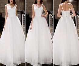 2019 Sexy V-neck Spaghetti Summer Beach Tulle A Line Wedding Dresses Empire Waist Sweep Train Plus Size Maternity Bride Dress