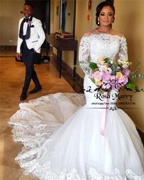 Designer Lace Mermaid Wedding Dress Jewel Neck Long Sleeves Sweep Train Plus Size Bridal Dresses Gowns vestidos de novia284v