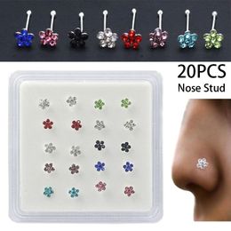 20pcs/box Body Nose Piercing Jewellery Nose Rings Silver Nose Studs For Women Coloured Crystal Flower Nail Jewellery Wholesale SH190727