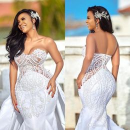 Sweetheart Mermaid Wedding Dresses With Detachable Train Illusion Arabic African Lace Appliques Plus Size Bridal Gowns