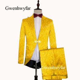 Gwenhwyfar Latest Coat Pant Designs Bright Yellow Men Suit Slim Fit Skinny 2 Piece Tuxedo Custom Groom Prom Tailcoat Mens Suits