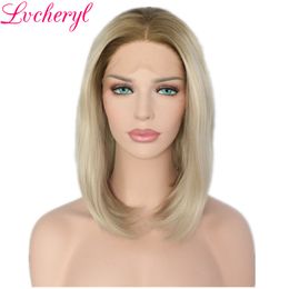 Moda cabelo loira ombre lace dianteira peruca sintética curta curta perucas retas com raízes escuras para mulheres negras fibra resistente ao calor