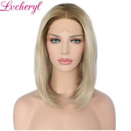 Fashion Hair Blonde Ombre Lace Front Wig Synthetic Short bob Straight Wigs with Dark Roots for Black Women Heat Resistant Fibre