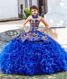 Royal Blue Ball Gown Quinceanera Dresses Strapless Neck Beaded Cascading Ruffles Sweet 16 Dress Organza Appliqued Masquerade Gowns