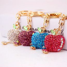 Cute Fruit Apple Keychain Rhinestone Crystal Alloy Pendant Lobster Clasp Key Chains Kawaii Women Car Key Ring Party Gift 3pcs/lot New