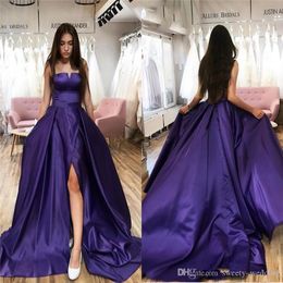 Purple Cheap A Line Evening Dresses With High Side Split Strapless Floor Length Pleats Formal Dress Prom Party Gowns Vestido De Festa